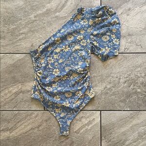 Free People Blue and Cream Floral One-Shoulder Bodysuit